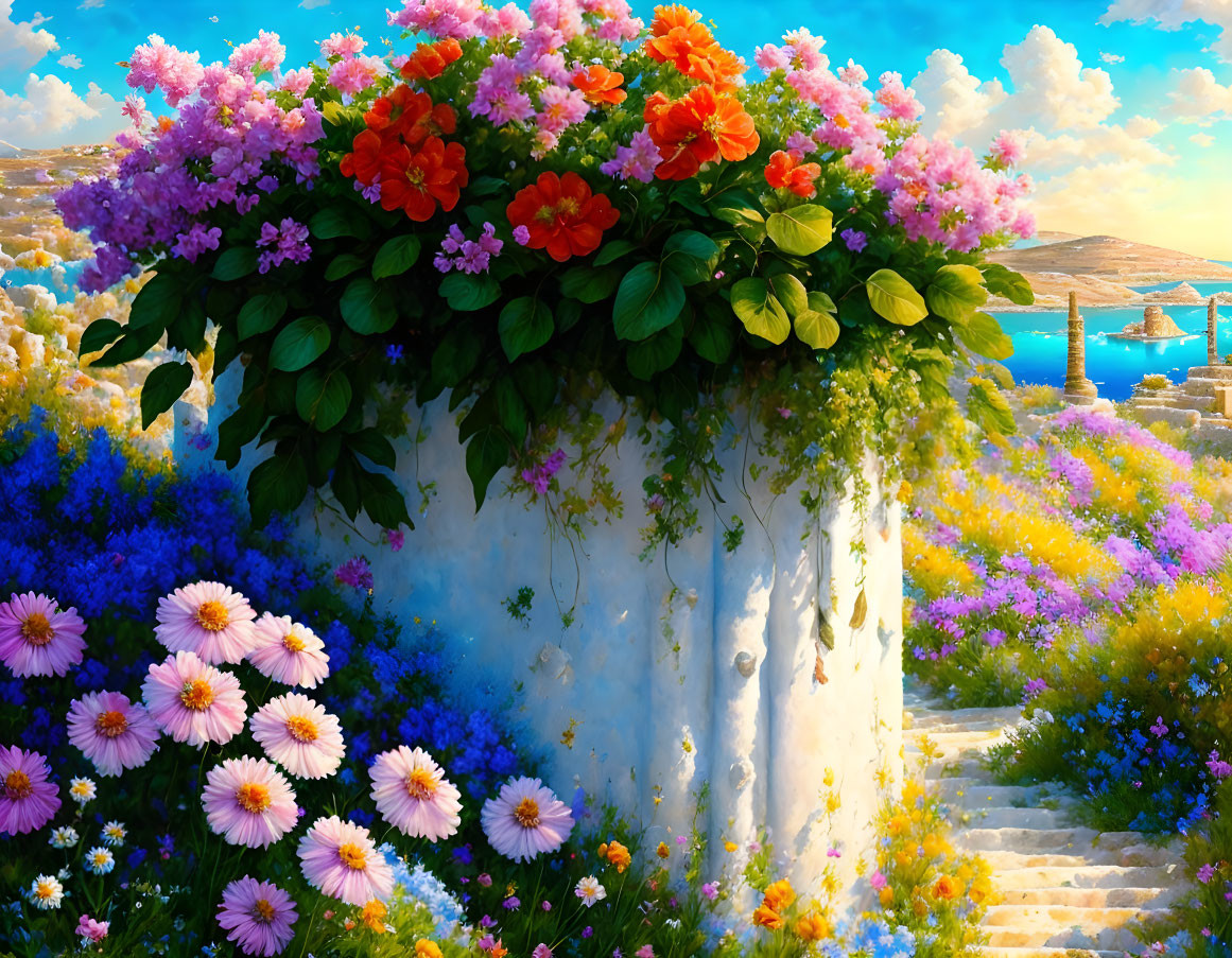 Multicolored Flowers on White Pillar with Blue Sea Backdrop