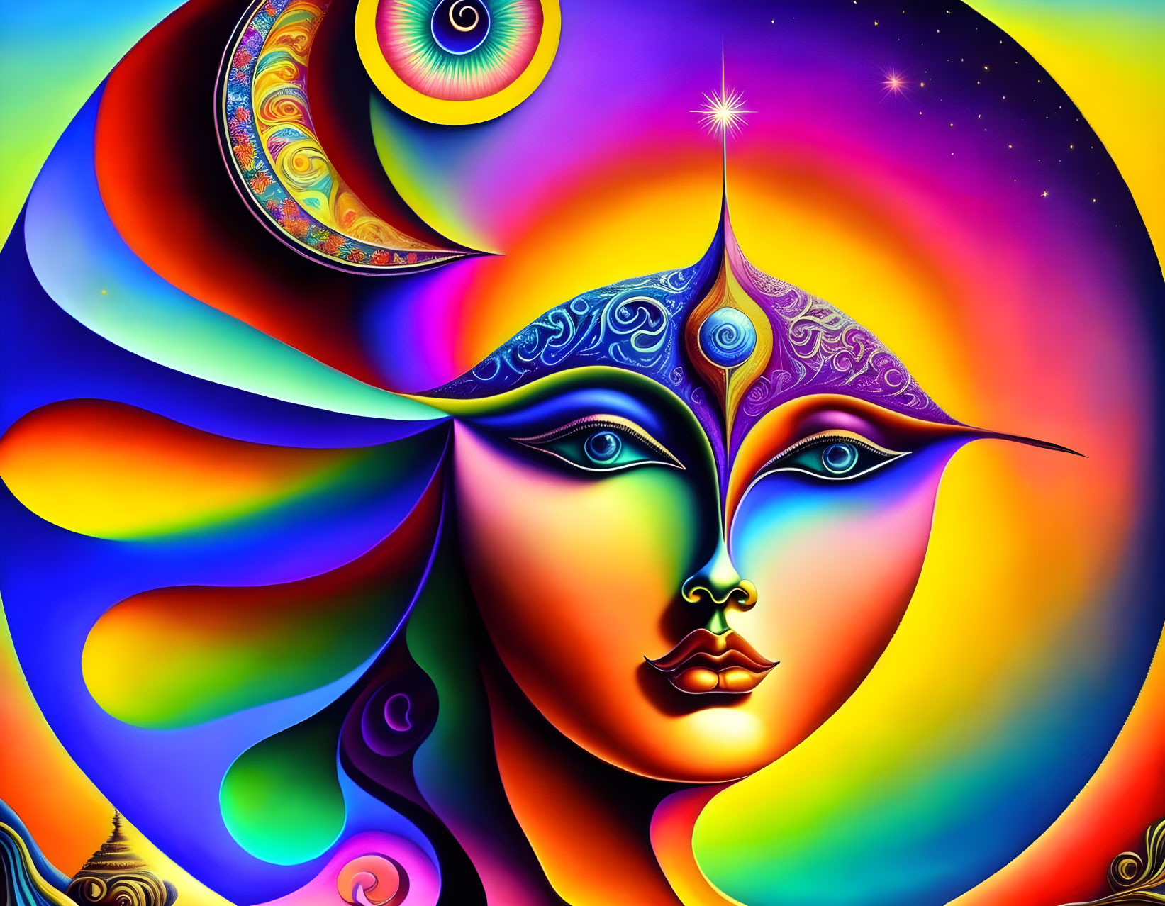 Colorful Psychedelic Face Artwork on Rainbow Background