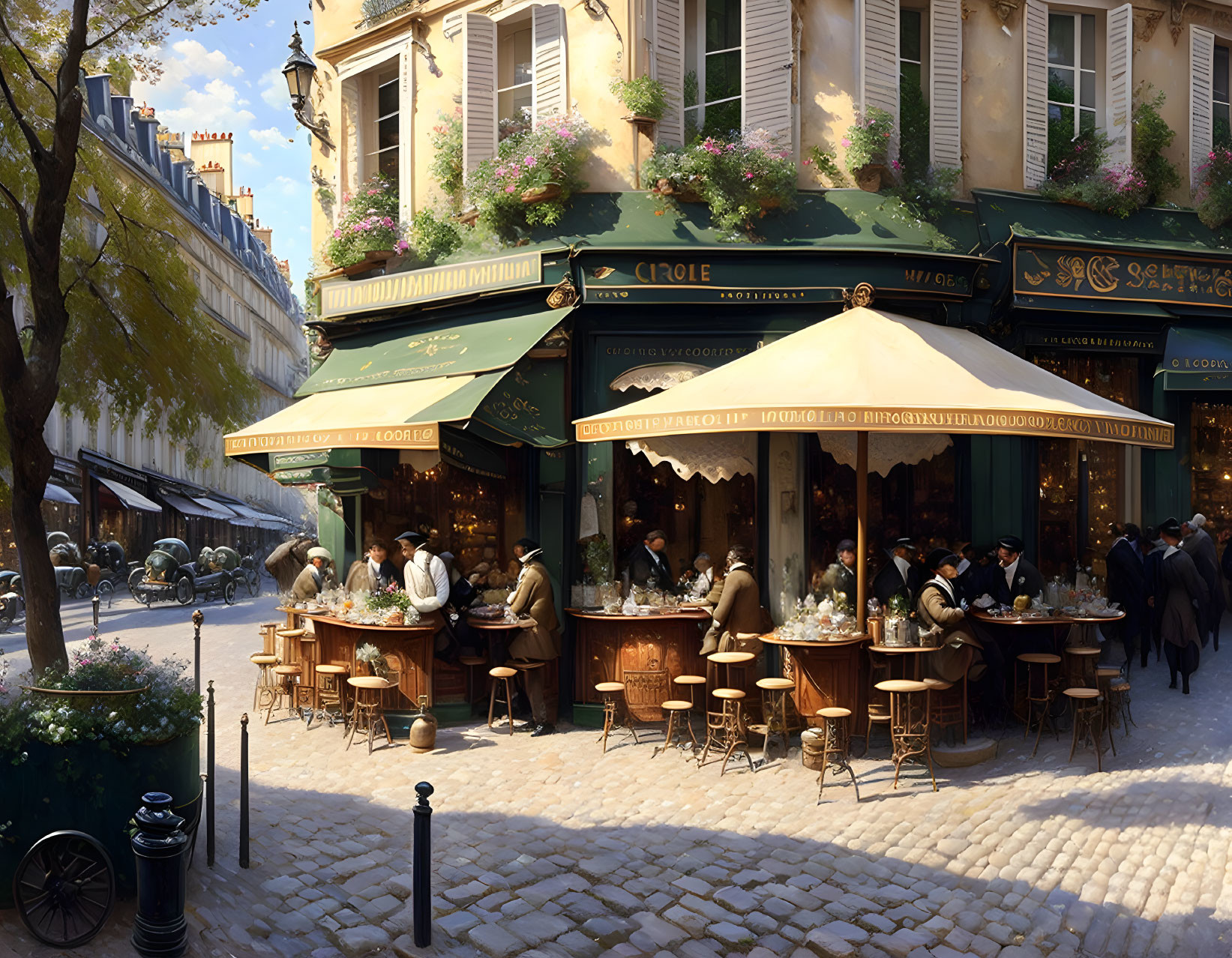 Parisian Cafe with Outdoor Seating and Classic Architecture