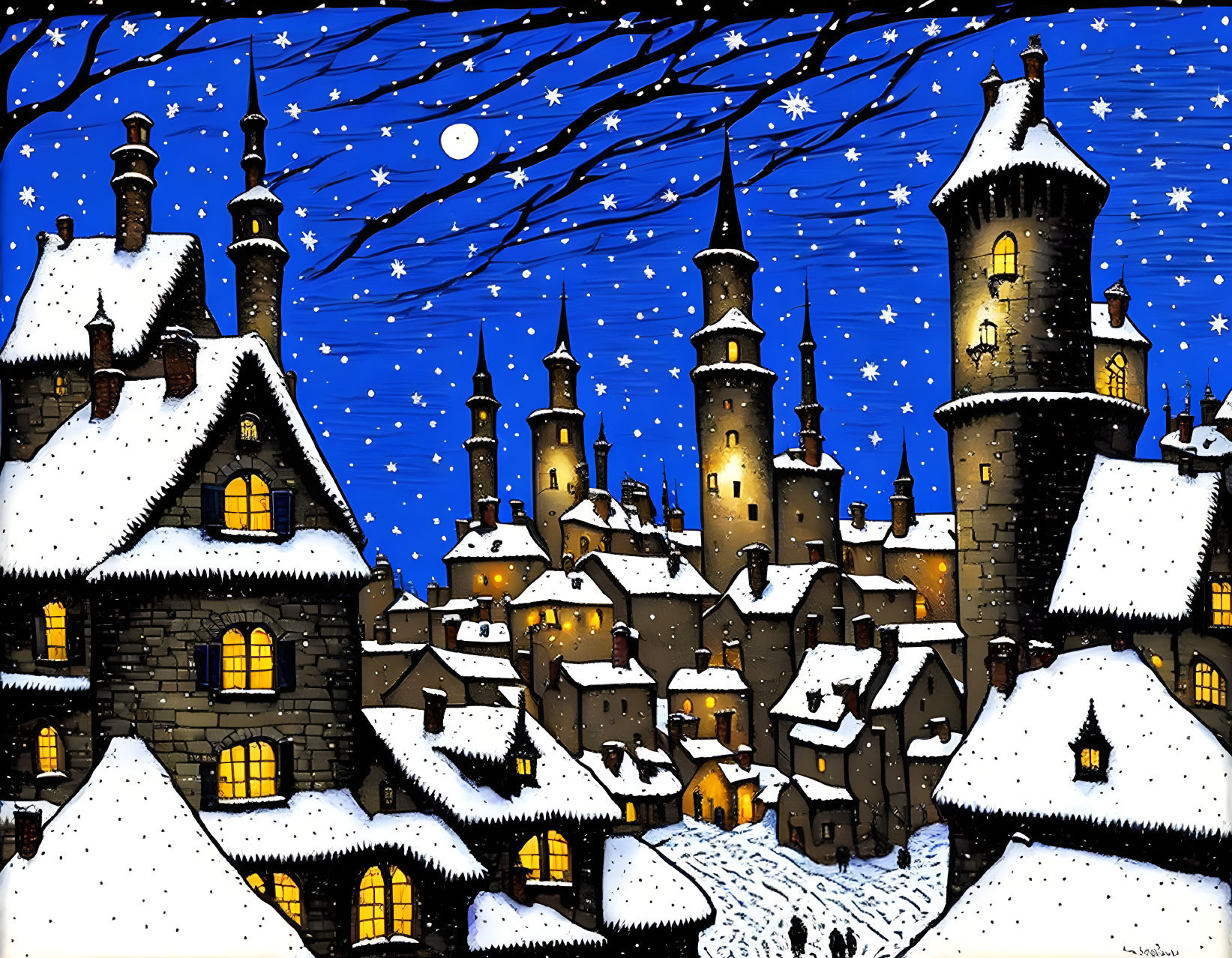 Snow-covered medieval buildings and towers in a whimsical winter night scene