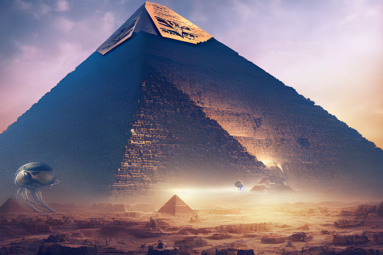 Futuristic pyramids and spaceships under pink sky