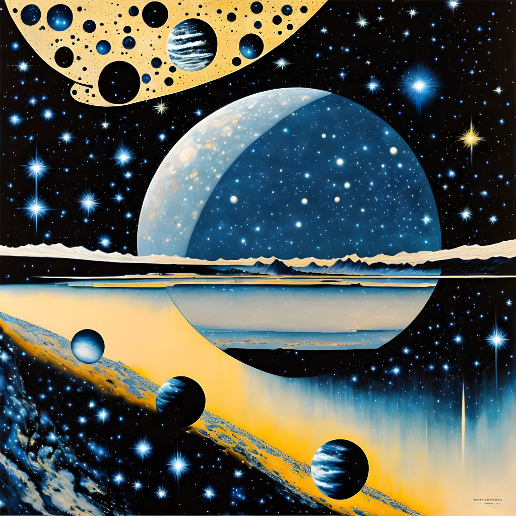 Cosmic scene featuring planets, moons, stars, and serene landscape