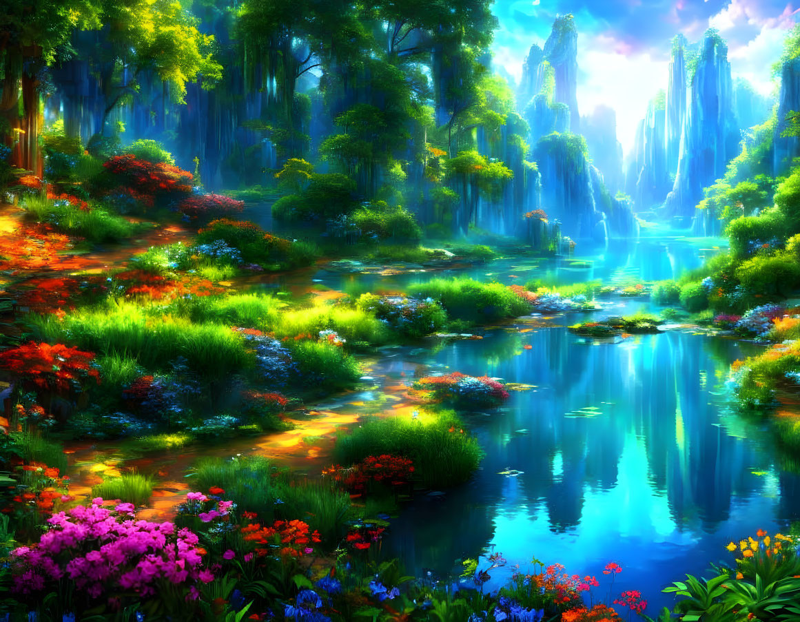 Colorful fantasy landscape with luminous waterfalls and serene lake in magical light