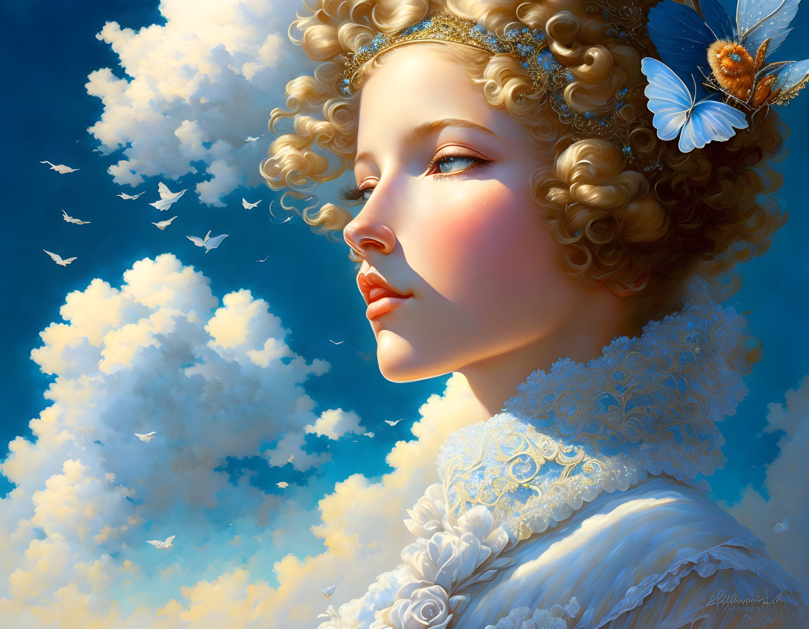 Woman with golden curls and blue butterfly in hair, white dress against cloudy sky with birds.