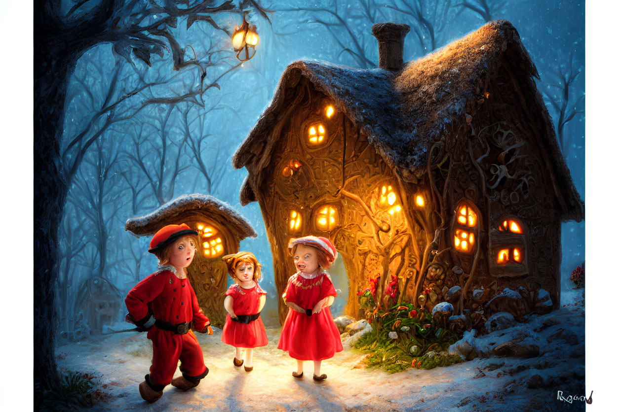 Vintage clothing kids near illuminated gingerbread house in snowy forest