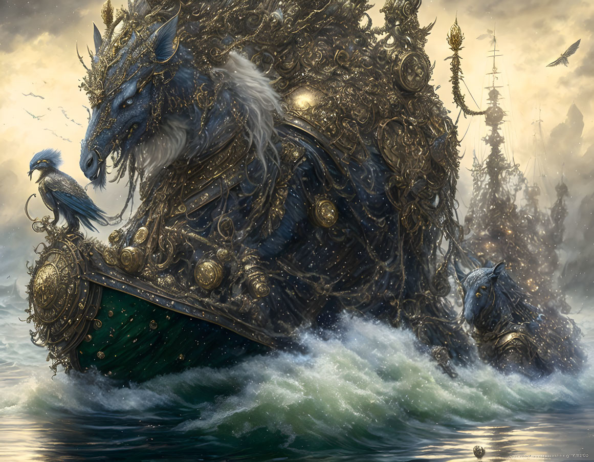 Fantasy figure with wolf head in ornate armor on boat with bird, surrounded by creatures and ships