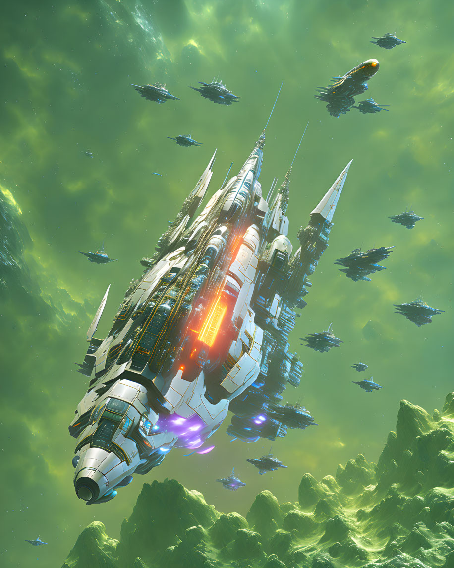 Detailed Futuristic Space Fleet with Mothership and Escort Craft in Green Nebula