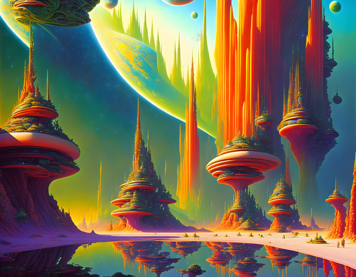 Alien landscape with towering structures, celestial sky, and green auroras