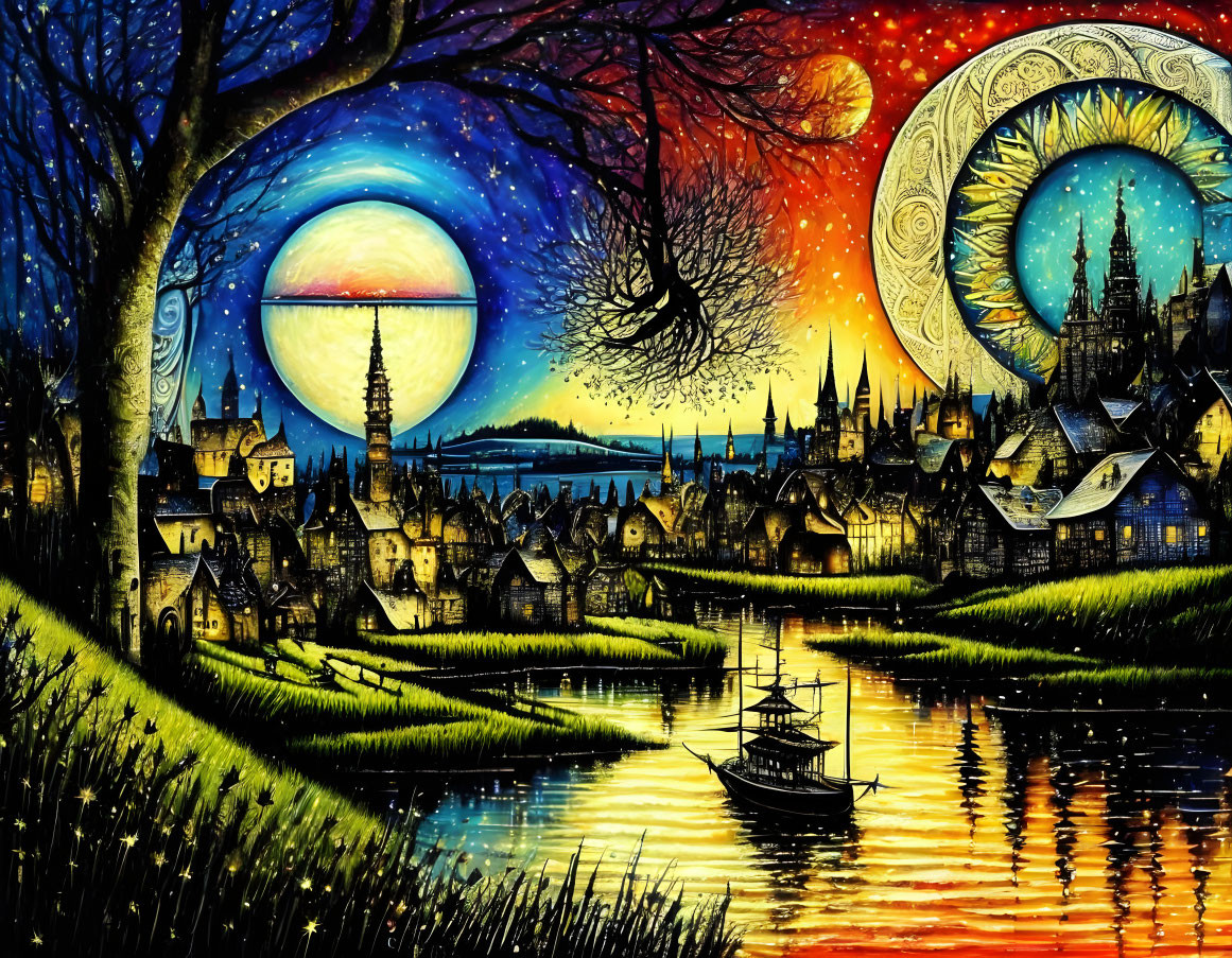 Surreal night scene painting with moon, sun, village, and boats