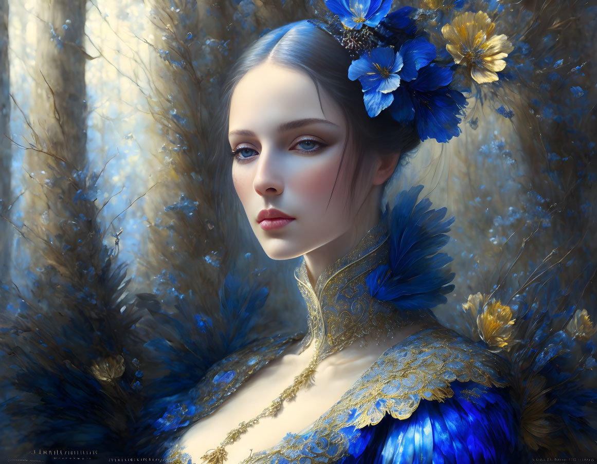 Portrait of woman with blue flowers in hair and dress with gold accents