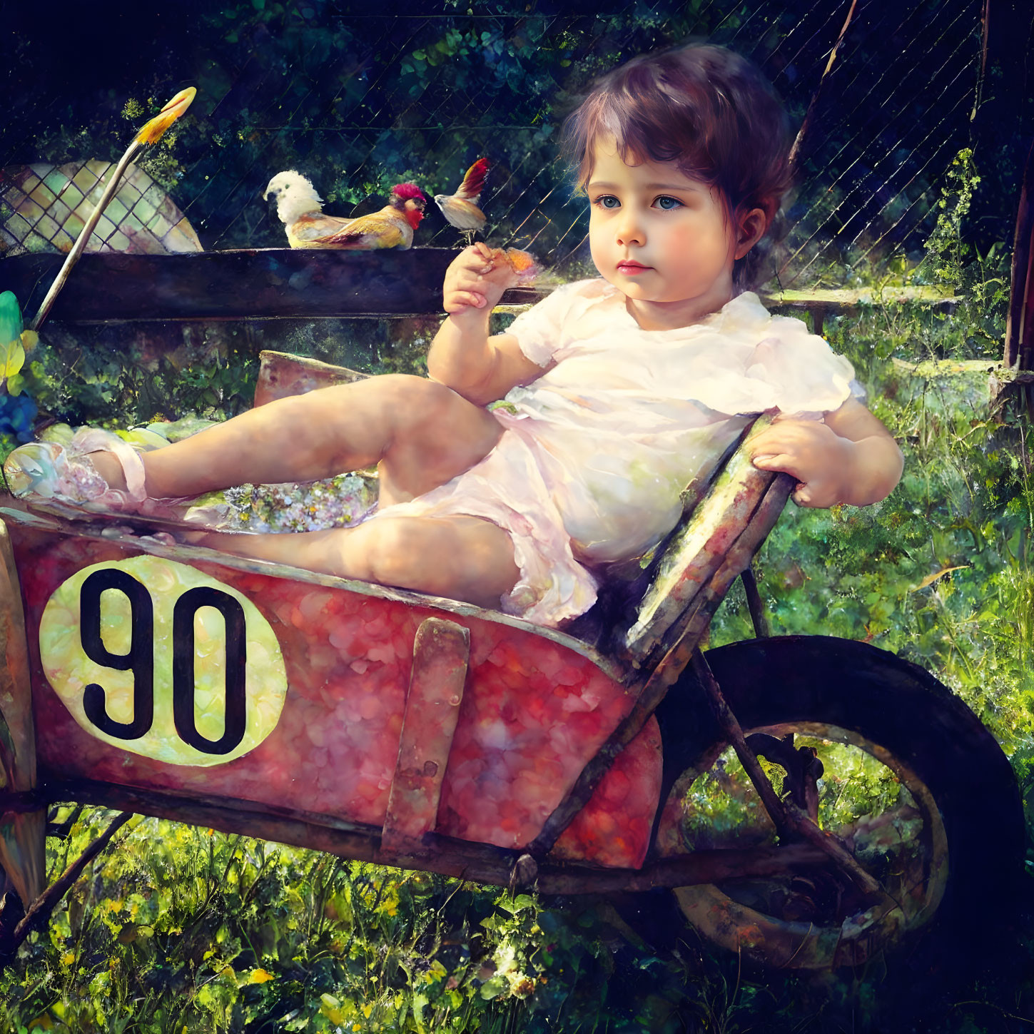 Toddler in white outfit in red wagon with chickens and greenery.