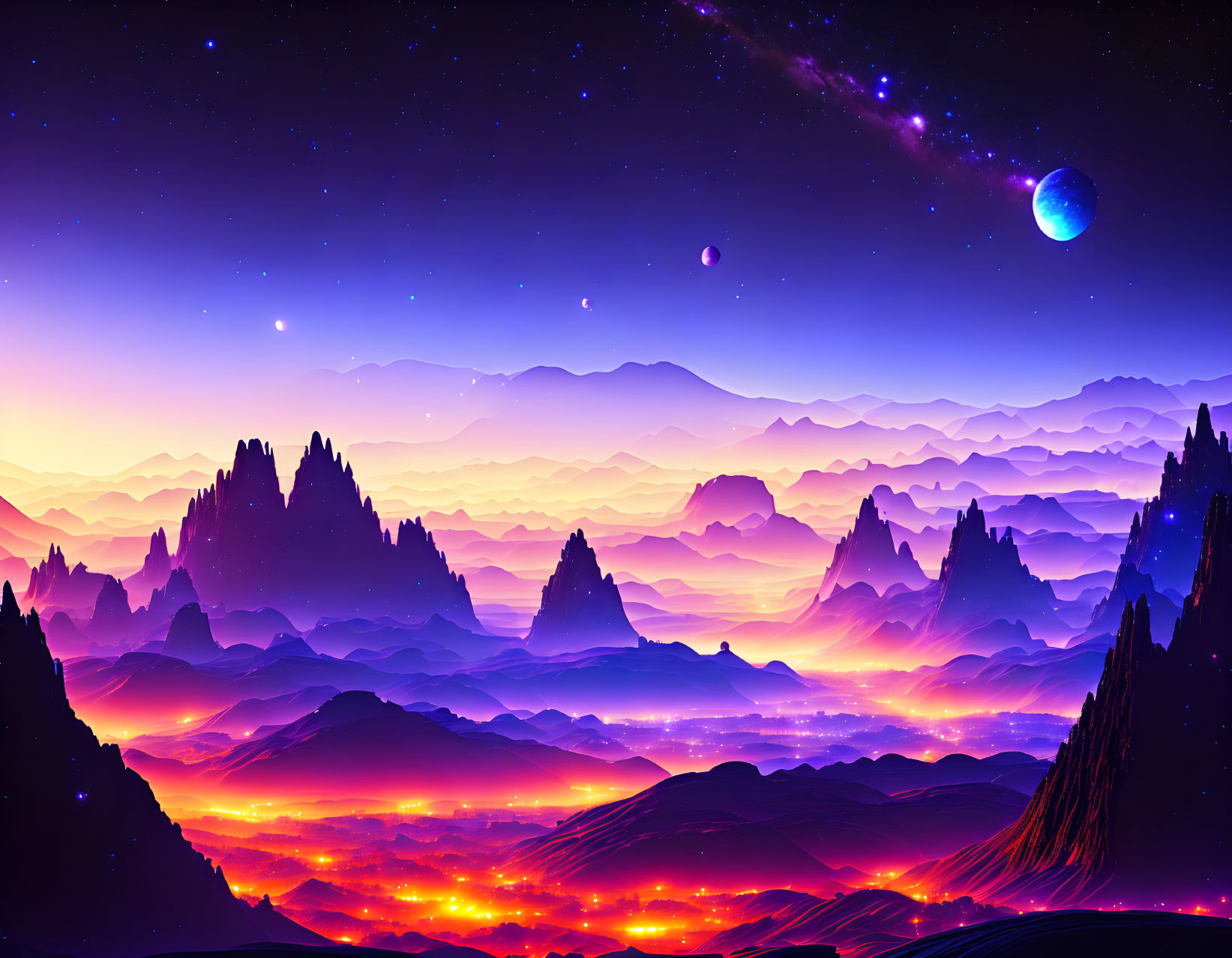 Colorful digital art landscape with neon hues and silhouetted mountains under a starry sky,