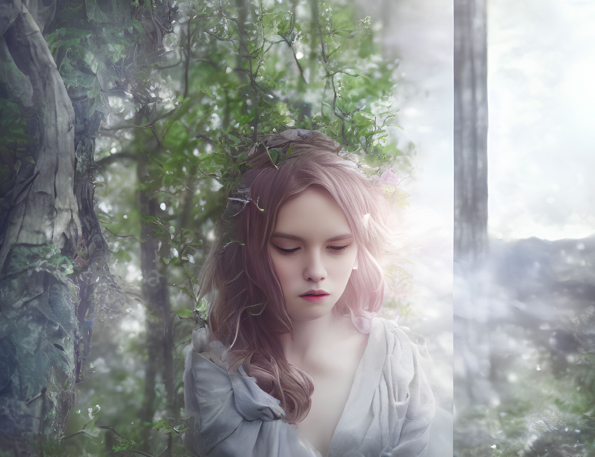 Young woman in floral headpiece amidst misty woods in serene setting