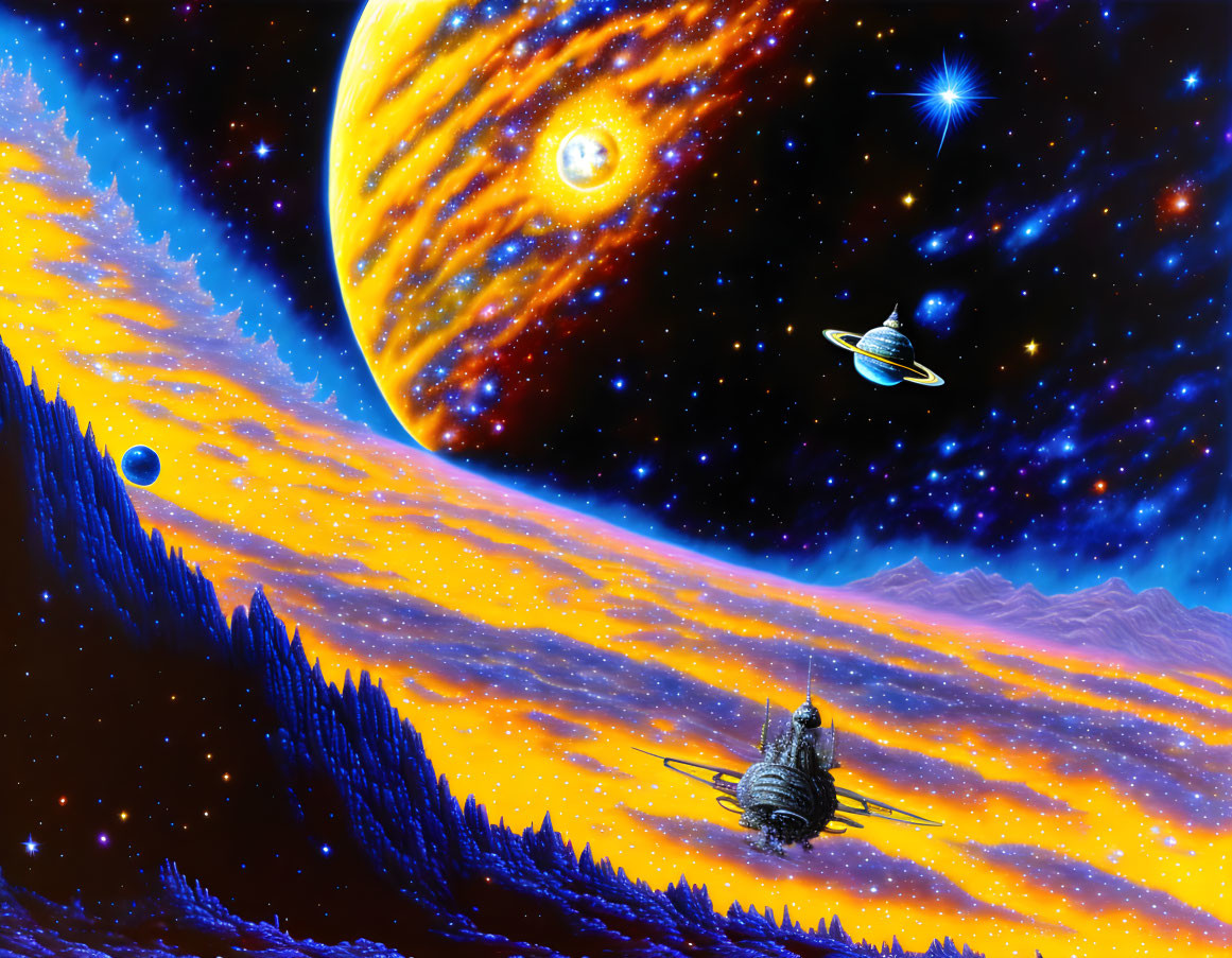 Detailed Space-Themed Illustration with Planets, Spaceship, and Forest Landscape