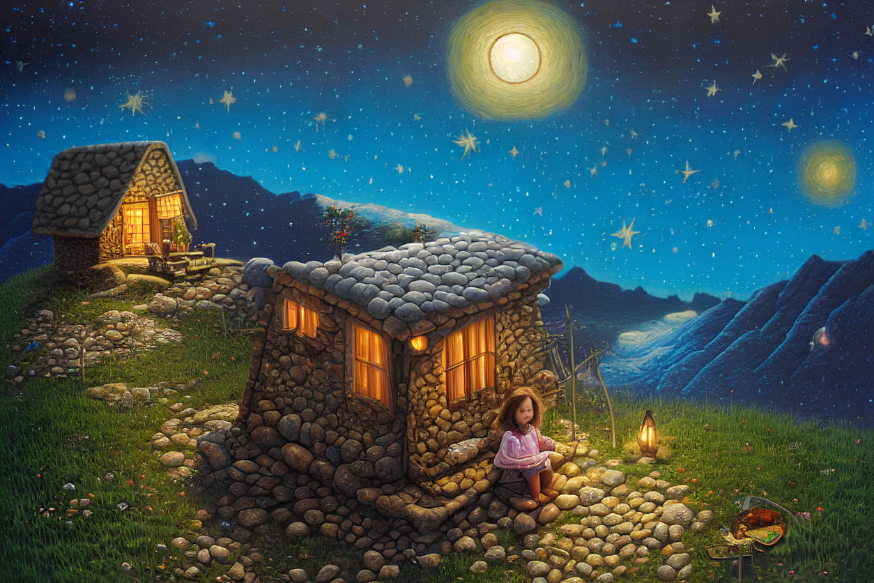 Nighttime scene with girl by stone house, two moons, starlit sky, and campfire