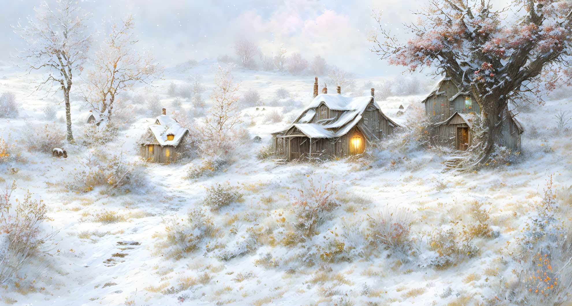 Snowy Landscape with Cozy Cottages and Bare Trees in Winter