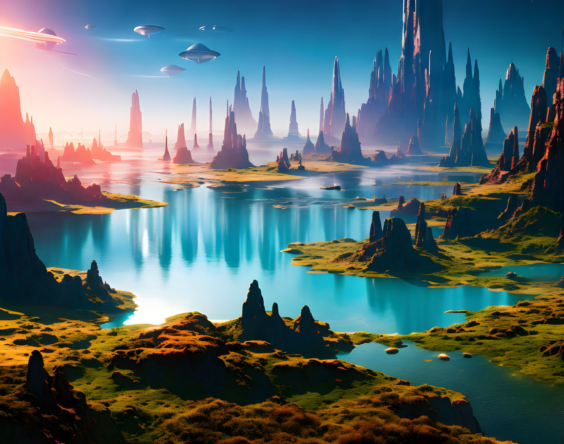 Futuristic landscape with towering spires, blue lakes, greenery, and multiple suns