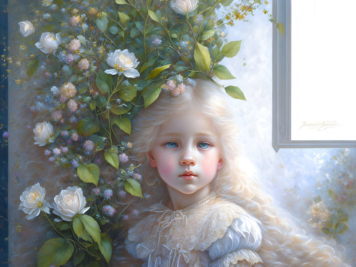 Young Child Portrait with Light Hair and Rosy Cheeks Among White Blossoms on Soft Blue Background