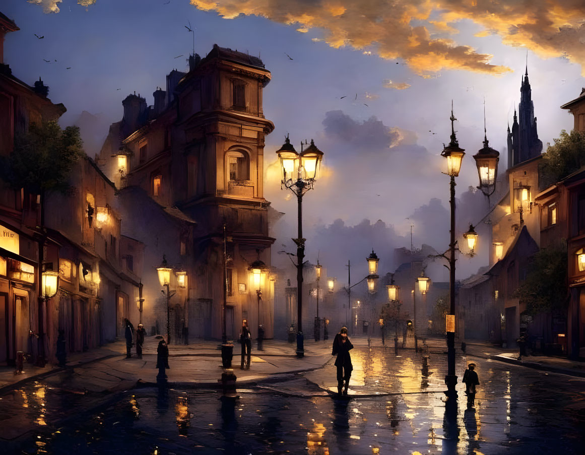 Old European Street Evening Scene with Glowing Lamps and Silhouettes