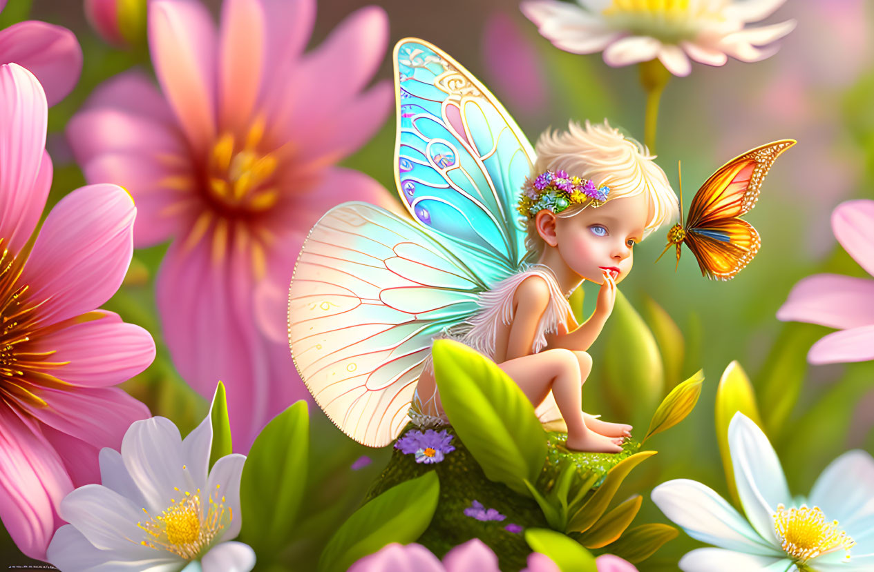 Whimsical fairy with translucent wings on green leaf among pink and white flowers