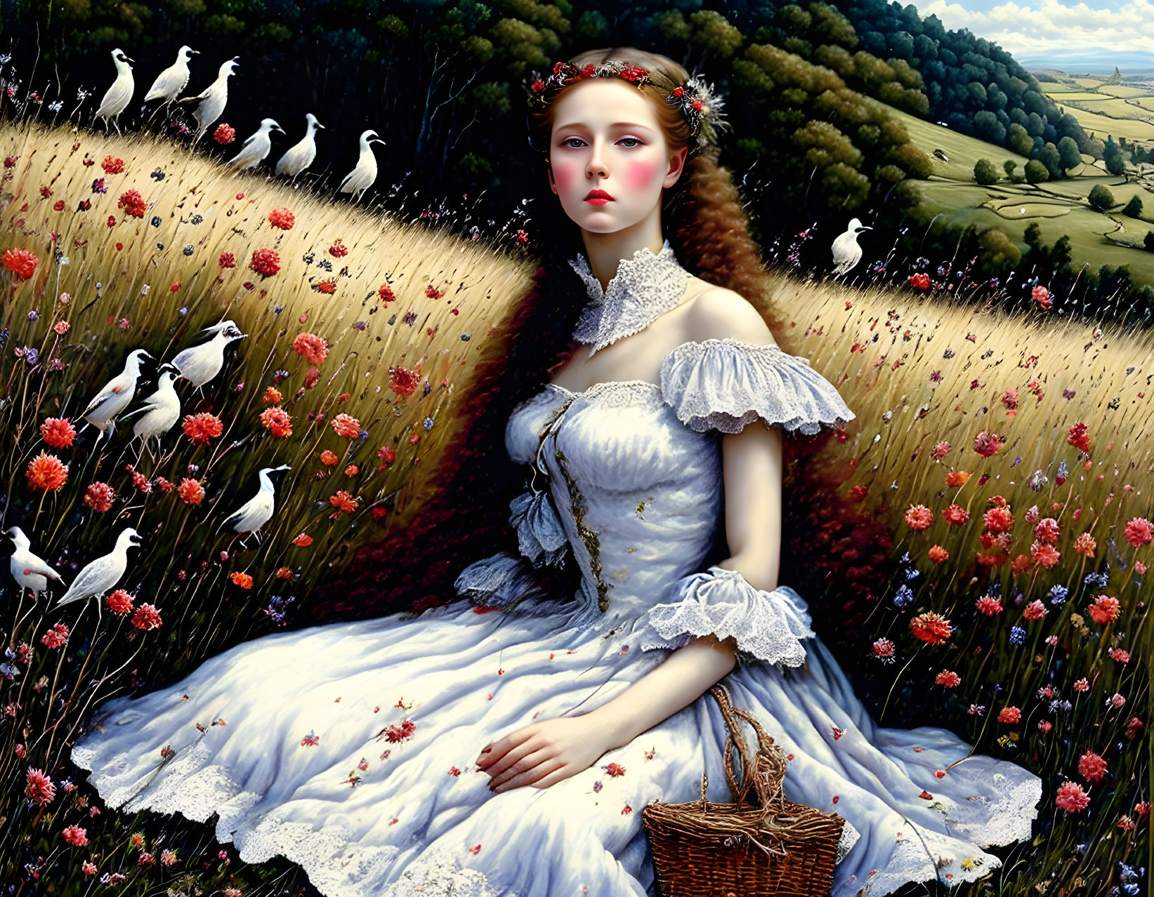 Woman in vintage dress surrounded by birds and flowers in serene landscape