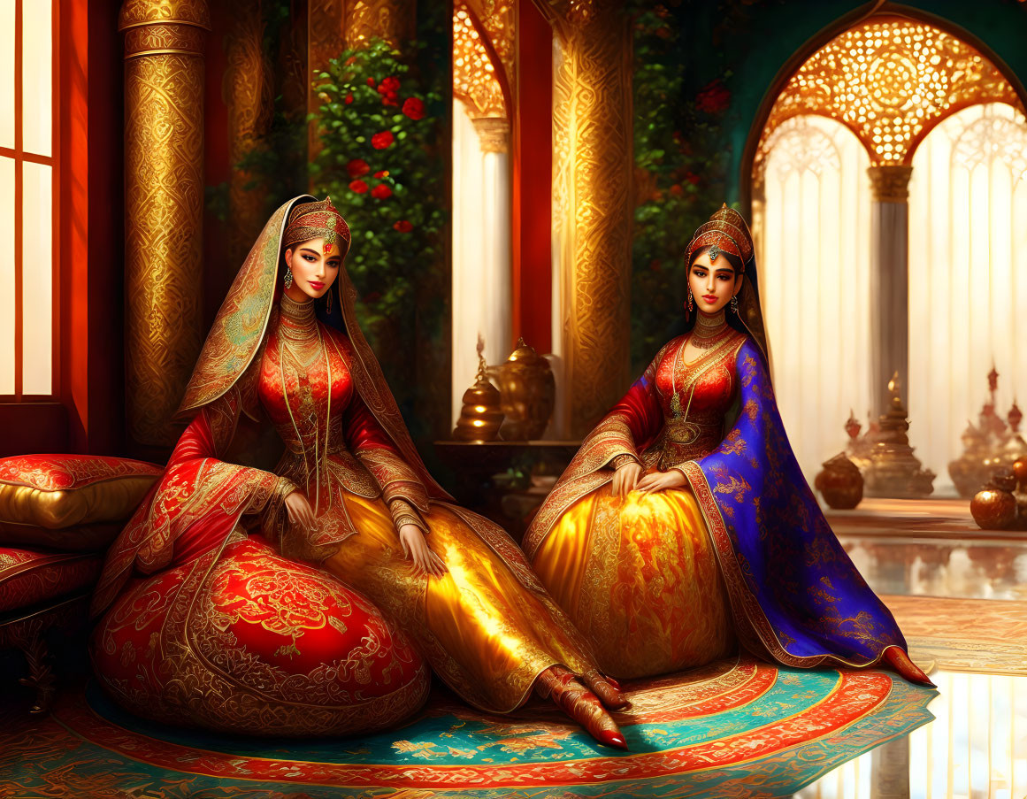 Traditional ornate dresses: Two women in luxurious room