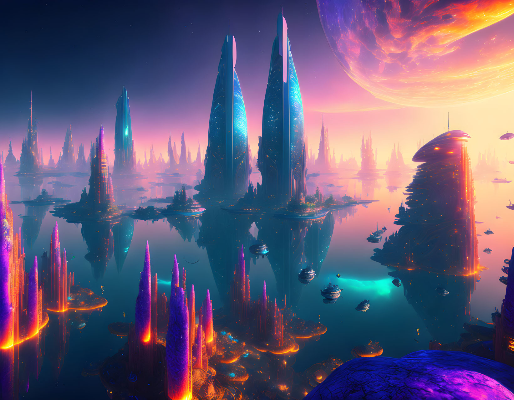 Vivid futuristic cityscape with tall towers, floating vehicles, and cosmic backdrop