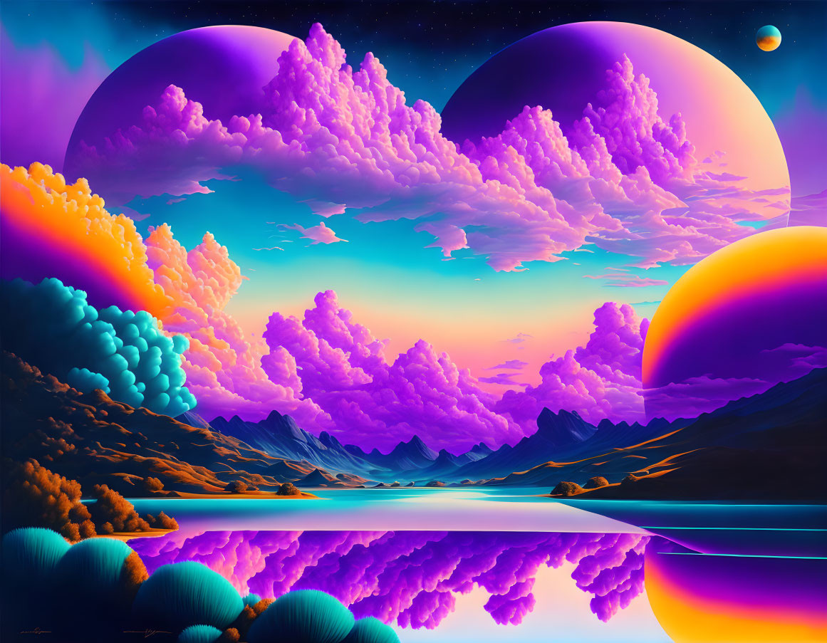 Surreal landscape with purple clouds, celestial bodies, reflective water, and mountains