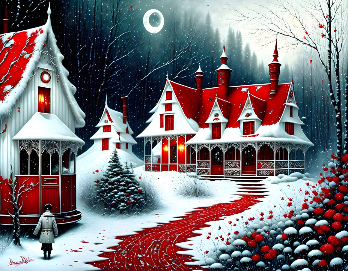 Victorian-style house in snowy Christmas scene with person walking