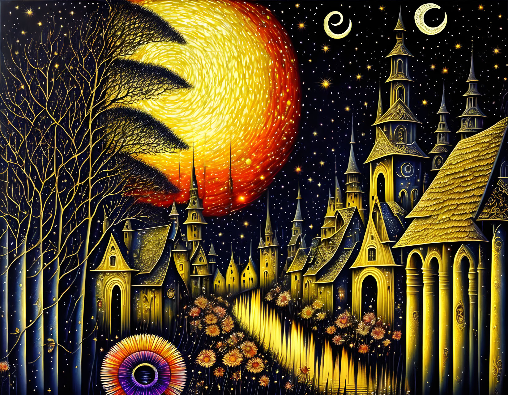 Starry night scene with crescent moon, sun, fantastical buildings, flowers, and enigmatic