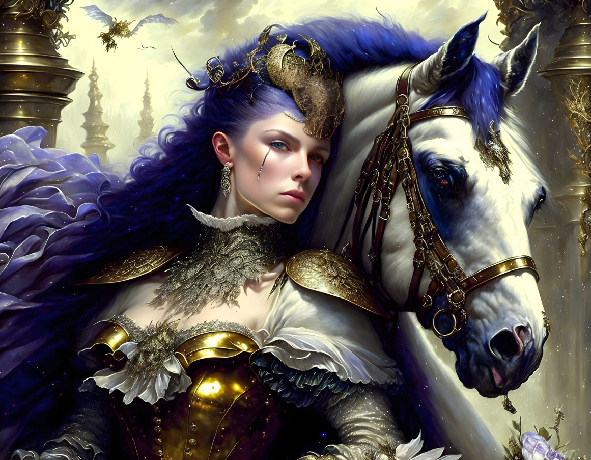 Fantasy artwork: Woman in blue hair, regal armor, riding white horse with gold trappings