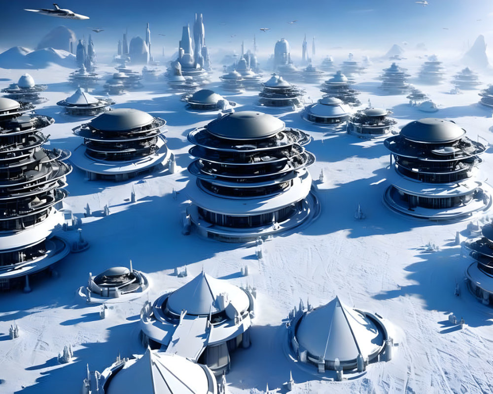 Snowy landscape with futuristic city and dome-shaped buildings.