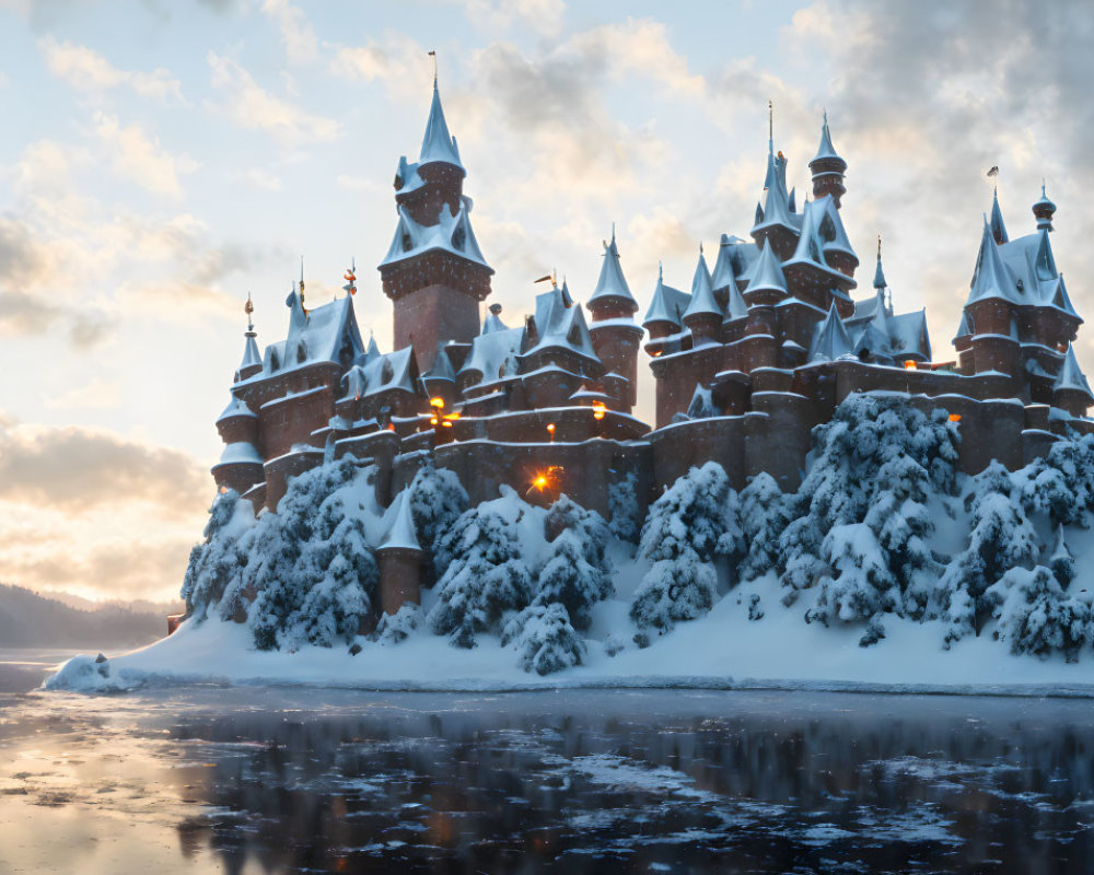 Snowy castle with spires by frozen lake and glowing windows, surrounded by snowy landscape under cloudy sky