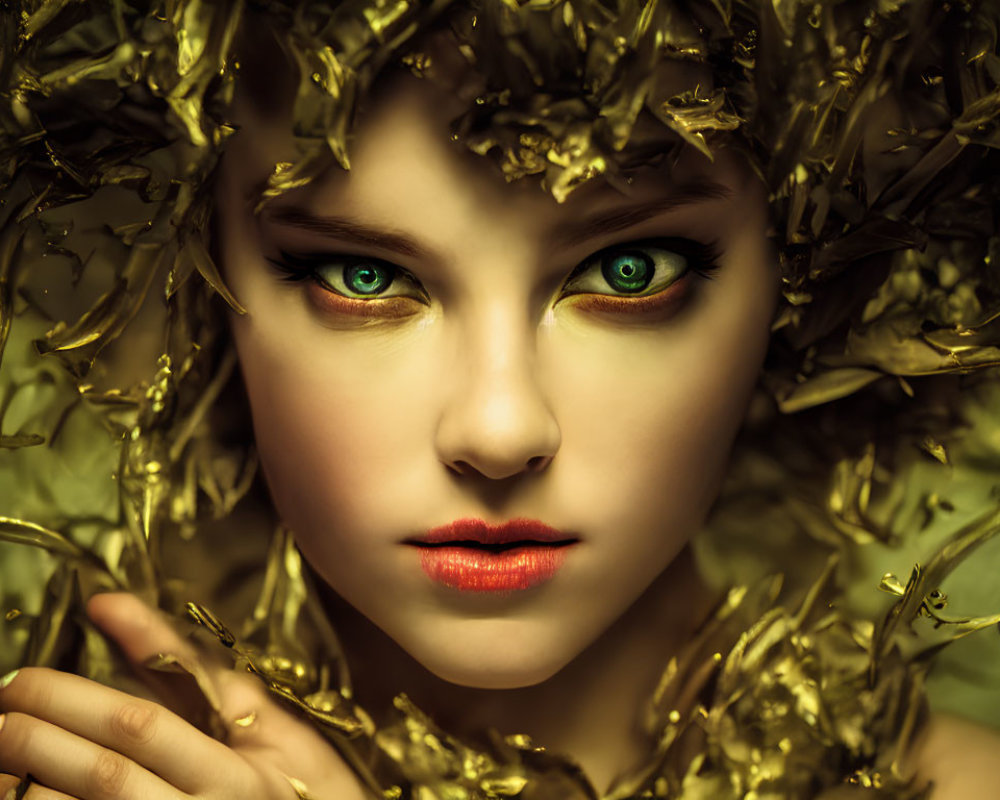 Digital artwork featuring woman with striking green eyes and golden leaf headdress.