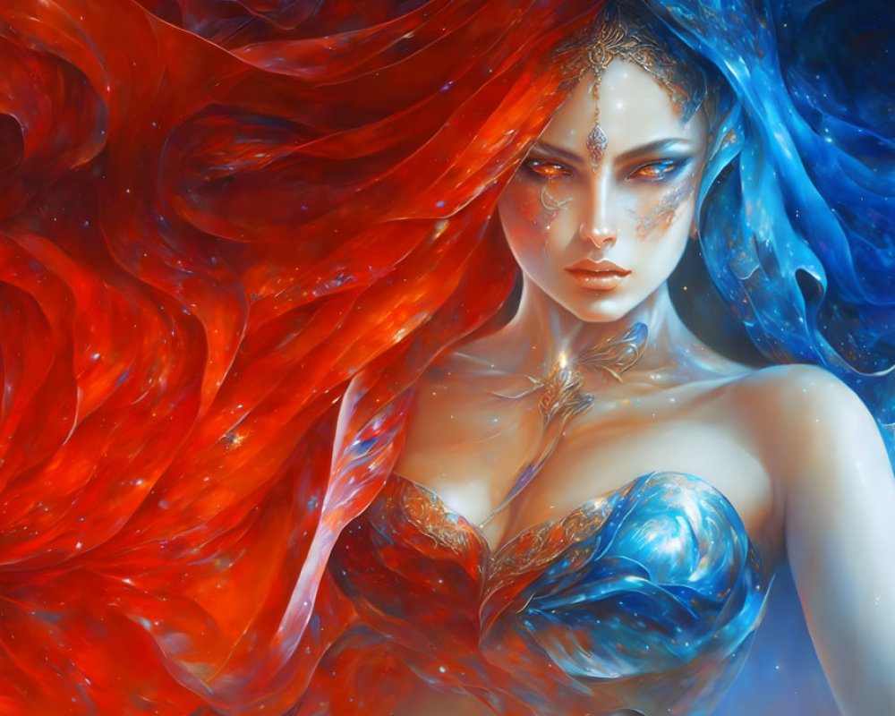 Fantasy artwork: Woman with fiery red and swirling blue hair contrast.