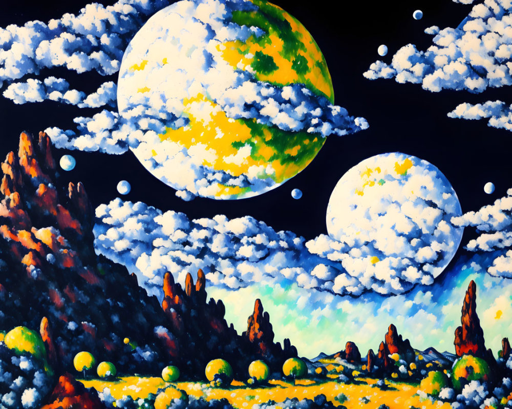 Surreal landscape painting with moon-like celestial bodies and star-studded sky