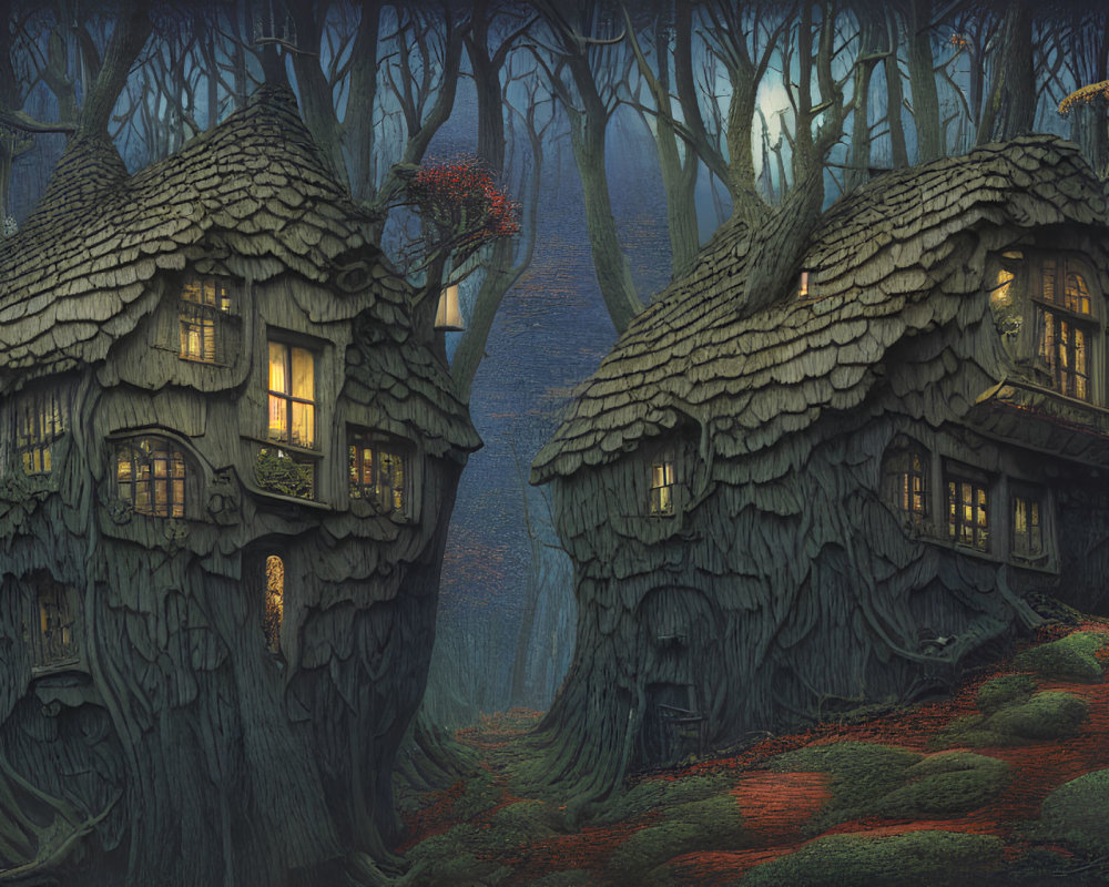 Enchanting tree houses in mystical forest at twilight