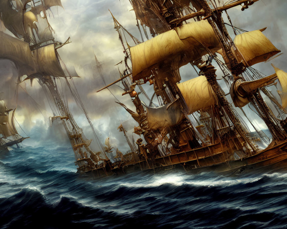Vintage sailing ships on stormy seas with billowing sails