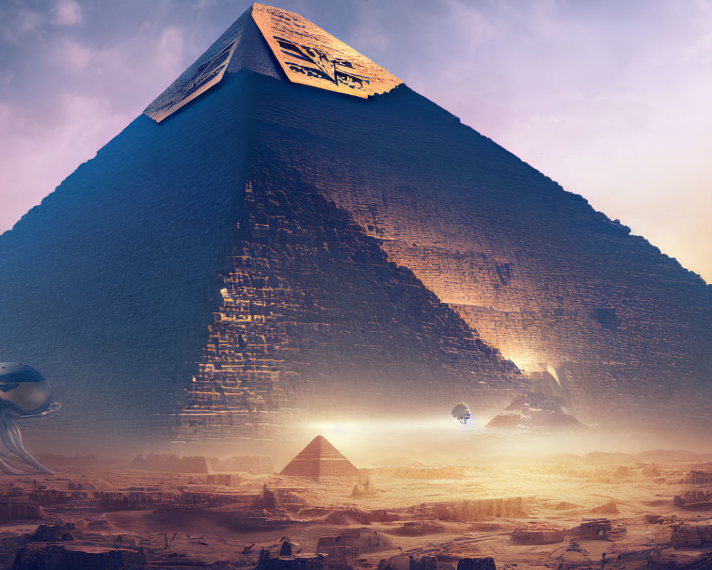 Futuristic pyramids and spaceships under pink sky