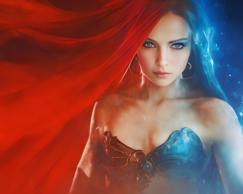 Fantasy digital artwork: Woman with blue eyes and fiery red hair holding mystical blue energy