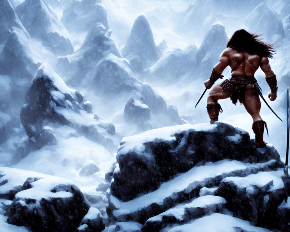 Muscular barbarian with sword on snowy mountain in blizzard