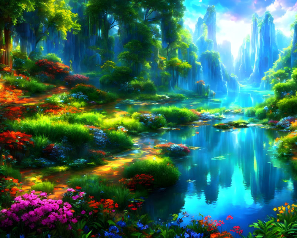 Colorful fantasy landscape with luminous waterfalls and serene lake in magical light