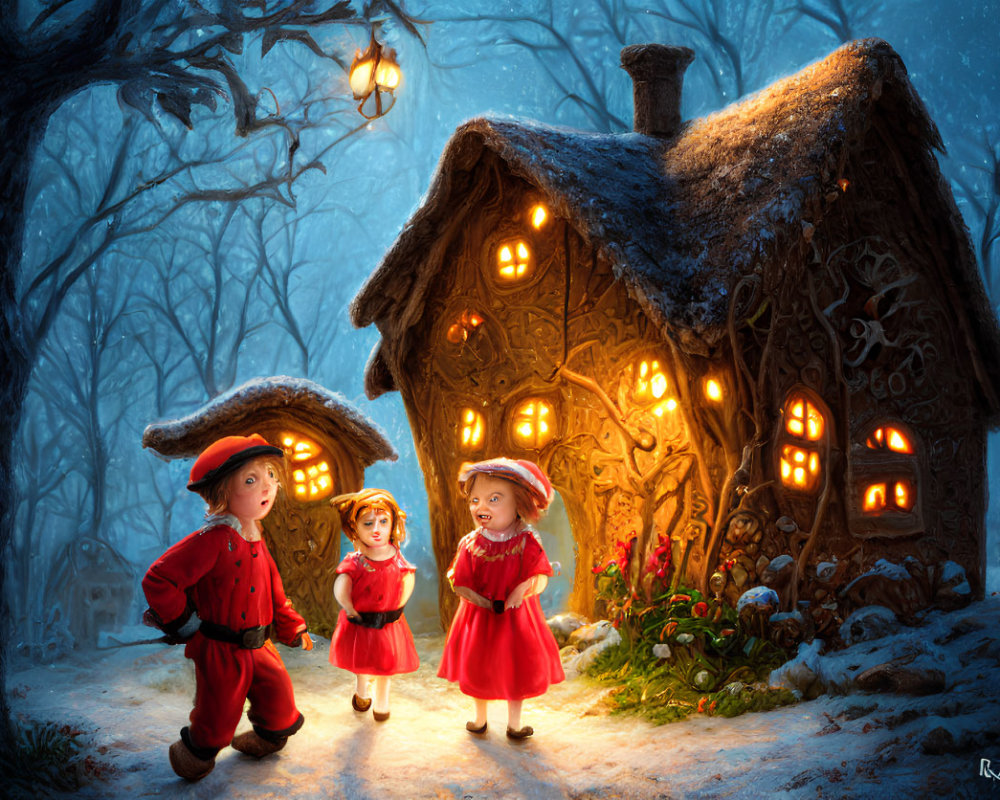 Vintage clothing kids near illuminated gingerbread house in snowy forest