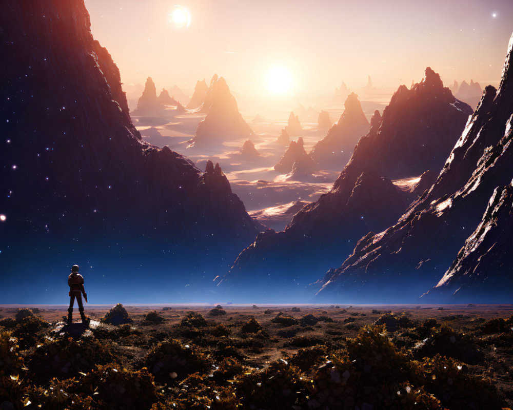 Astronaut on alien planet views sunset with floating rocks and mountains