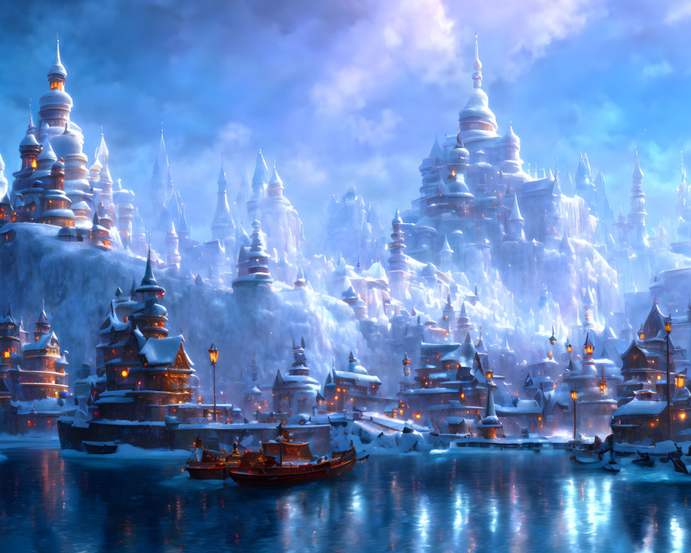 Snow-covered oriental buildings in a fantastical winter scene