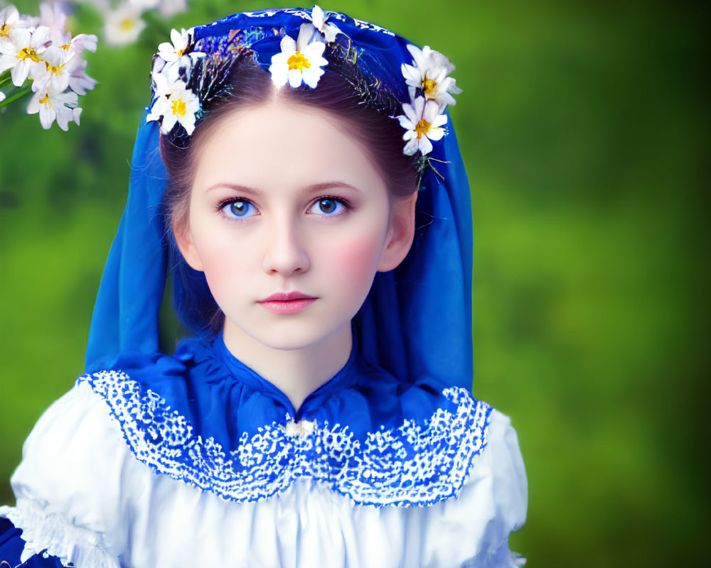 Young woman with blue eyes in blue and white dress and headscarf with flowers on green background