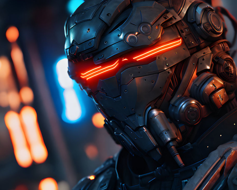 High-Tech Futuristic Robot with Glowing Red Eyes and Armor Details