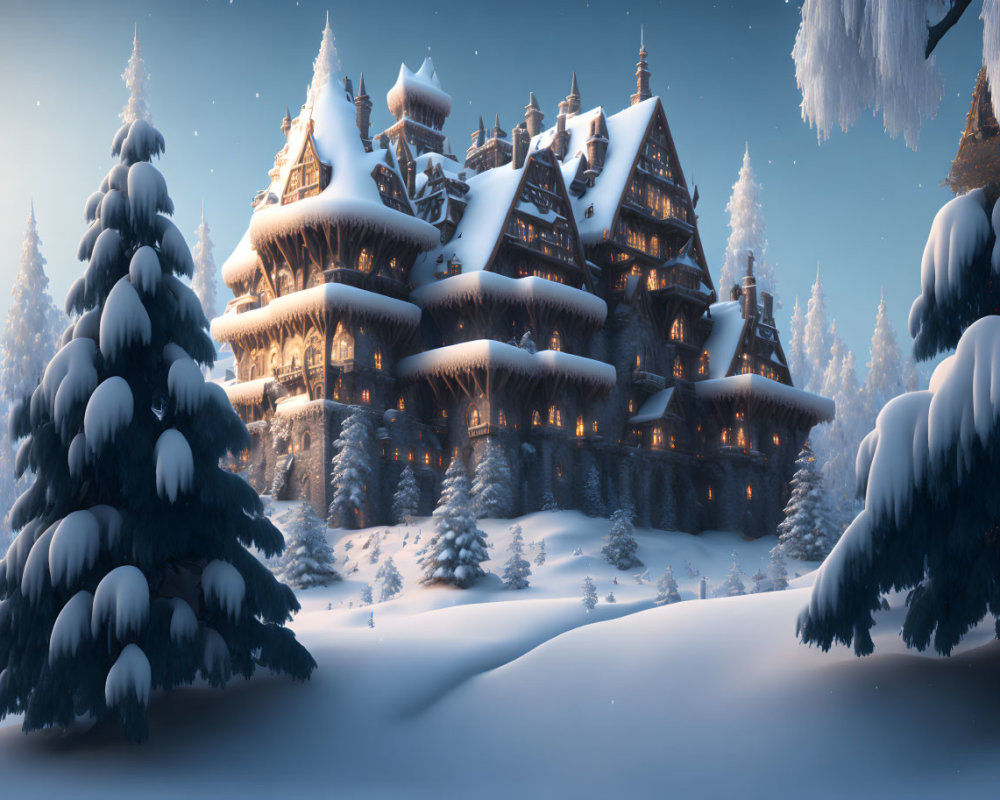 Snow-covered chalet in pine forest under twilight sky