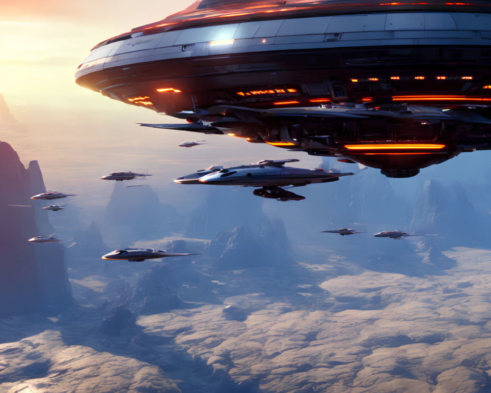 Futuristic spaceships above cloud-covered planet with large mothership at sunset