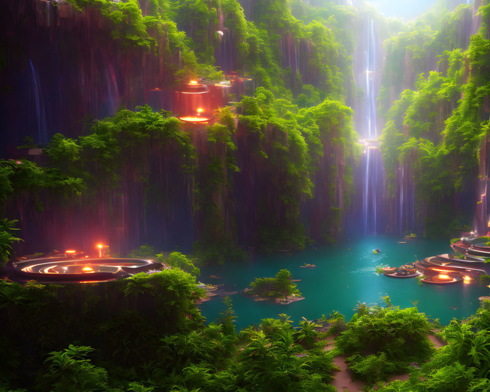 Enchanting forest with waterfalls, blue waters, and ancient ruins